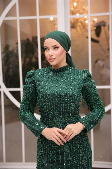 Komple İşlemeli Tasarım Abiye Zümrüt