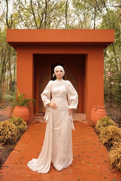 Krinkıl Saten Abiye Bej