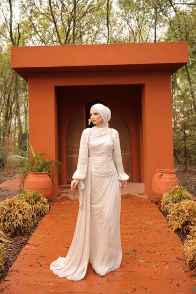 Krinkıl Saten Abiye Bej