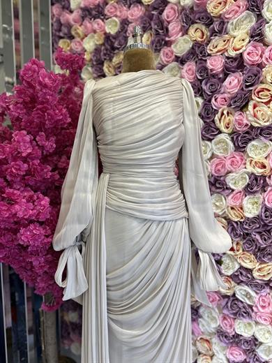 Krinkıl Saten Abiye Bej