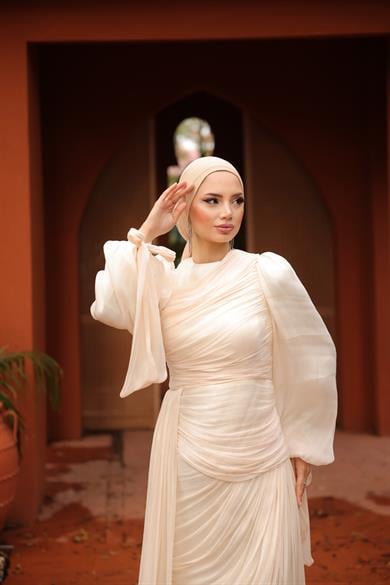 Krinkıl Saten Abiye Ekru