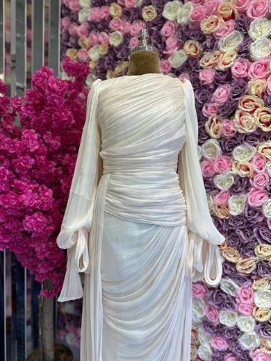 Krinkıl Saten Abiye Ekru