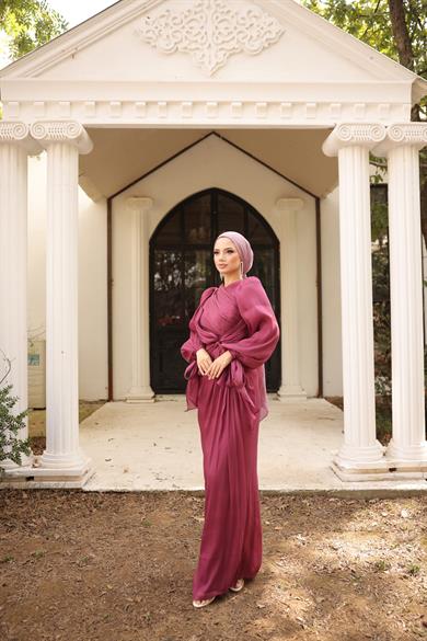 Krinkıl Saten Abiye Vişne