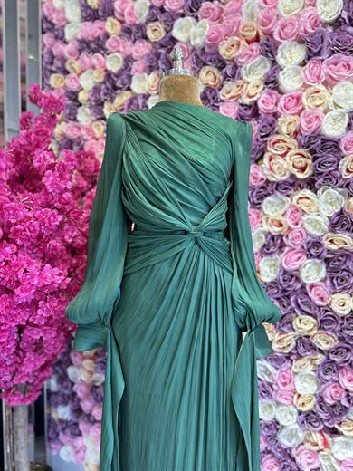 Krinkıl Saten Abiye Zümrüt