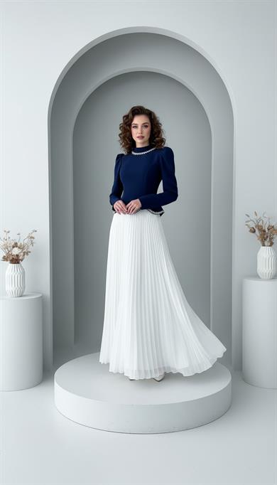 Marbel Abiye Lacivert Beyaz