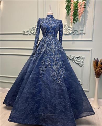 Blaues langes Haute Couture Kleid