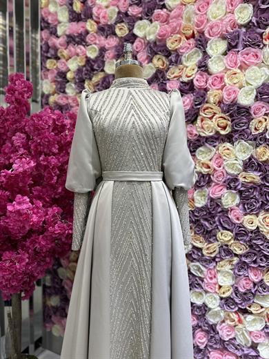 Pelerinli İşlemeli Saten Abiye Taş