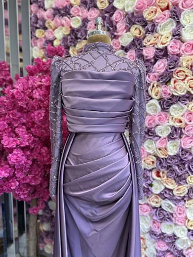 Pelerinli Saten Abiye Lila