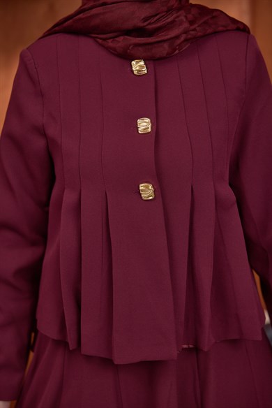 Pile Detaylı Ceket Etek Takım Bordo