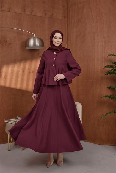 Pile Detaylı Ceket Etek Takım Bordo