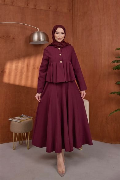 Pile Detaylı Ceket Etek Takım Bordo