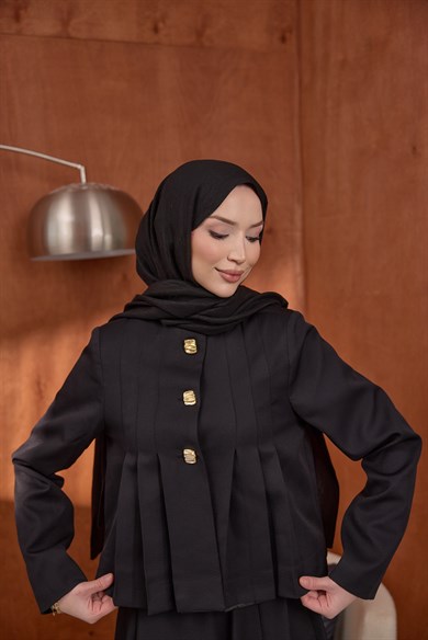 Pile Detaylı Ceket Etek Takım Siyah