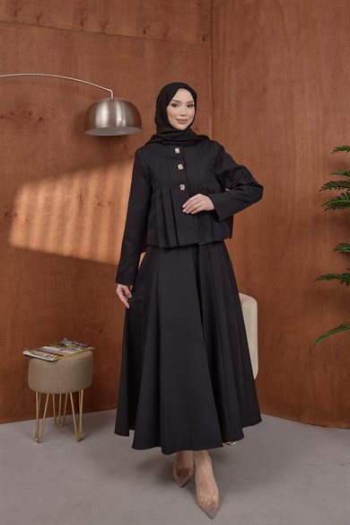 Pile Detaylı Ceket Etek Takım Siyah
