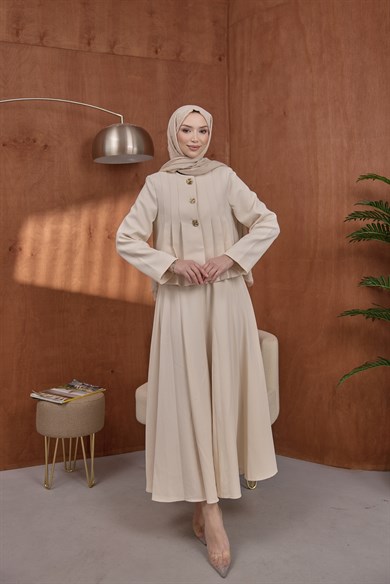 Pile Detaylı Ceket Etek Takım Taş