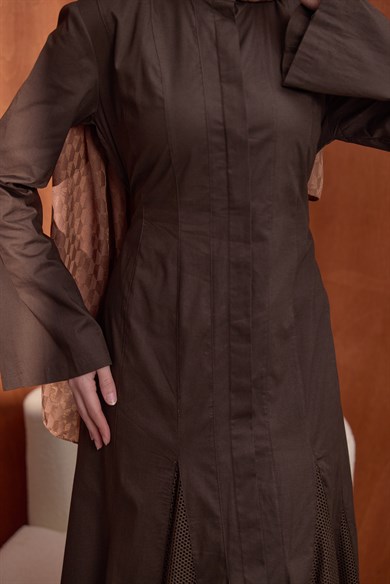 Poplin Fileli Elbise Kahve