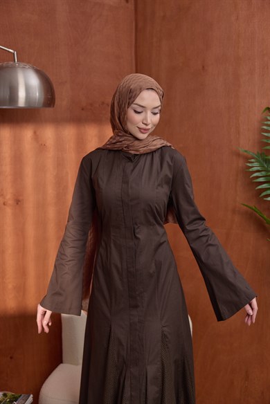 Poplin Fileli Elbise Kahve