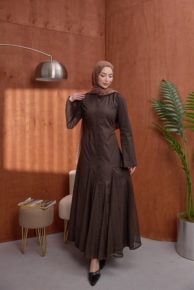 Poplin Fileli Elbise Kahve