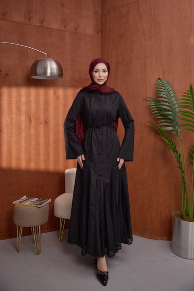 Poplin Fileli Elbise Siyah