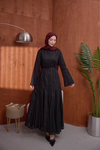 Poplin Fileli Elbise Siyah