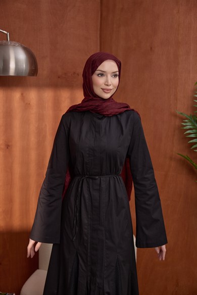 Poplin Fileli Elbise Siyah