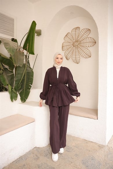 Premium Kalite Düğme Detaylı Takım Burgundy