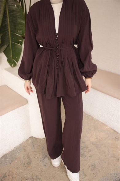 Premium Kalite Düğme Detaylı Takım Burgundy