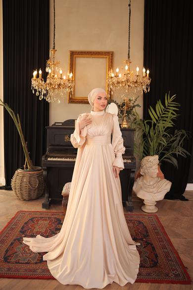 Saten Tasarım Abiye Bej