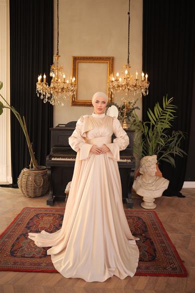 Saten Tasarım Abiye Bej