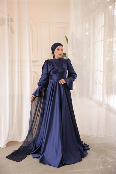 Saten Tasarım Abiye Lacivert