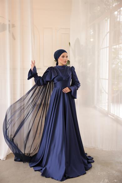 Saten Tasarım Abiye Lacivert