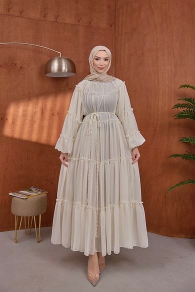 Şifon Fırfırlı Elbise Beyaz