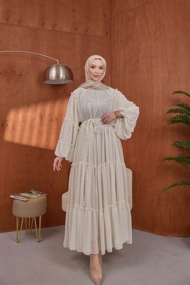 Şifon Fırfırlı Elbise Beyaz