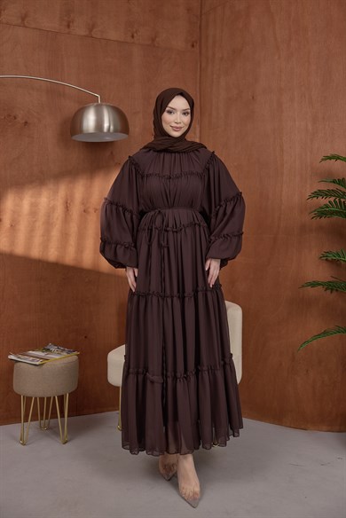 Şifon Fırfırlı Elbise Kahve