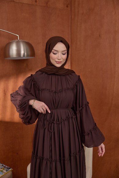 Şifon Fırfırlı Elbise Kahve