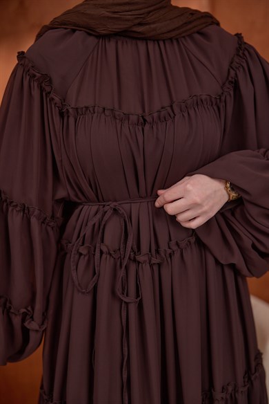 Şifon Fırfırlı Elbise Kahve