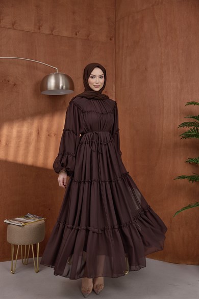 Şifon Fırfırlı Elbise Kahve