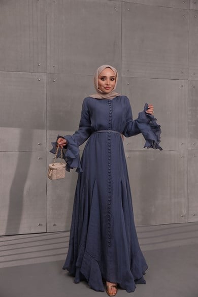 Volan Detaylı Elbise Lacivert