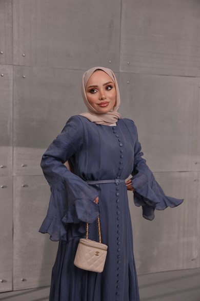 Volan Detaylı Elbise Lacivert