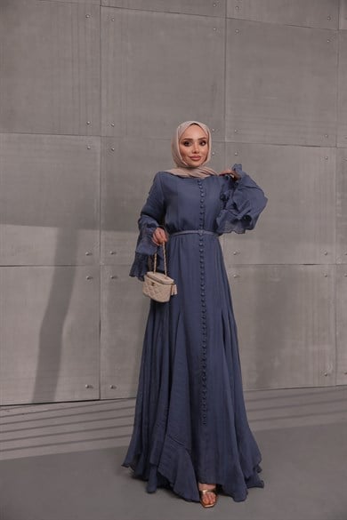 Volan Detaylı Elbise Lacivert