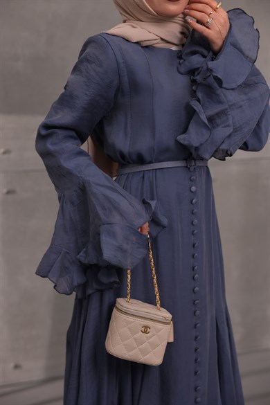 Volan Detaylı Elbise Lacivert