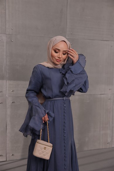 Volan Detaylı Elbise Lacivert