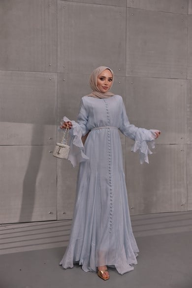 Volan Detaylı Elbise Mavi