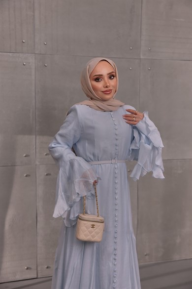 Volan Detaylı Elbise Mavi