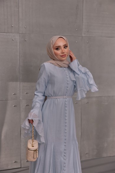 Volan Detaylı Elbise Mavi