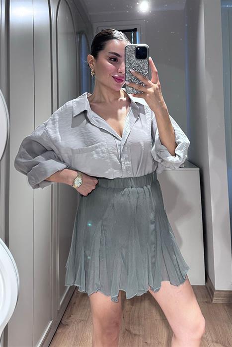  Anika Tensel Kumaş Oversize Gömlek-Gri