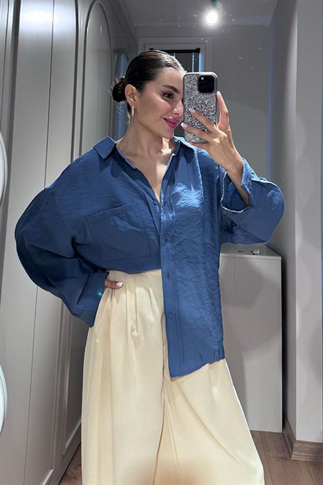  Anika Tensel Kumaş Oversize Gömlek-Mavi