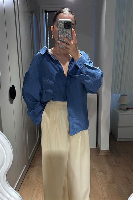  Anika Tensel Kumaş Oversize Gömlek-Mavi