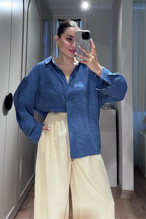  Anika Tensel Kumaş Oversize Gömlek-Mavi