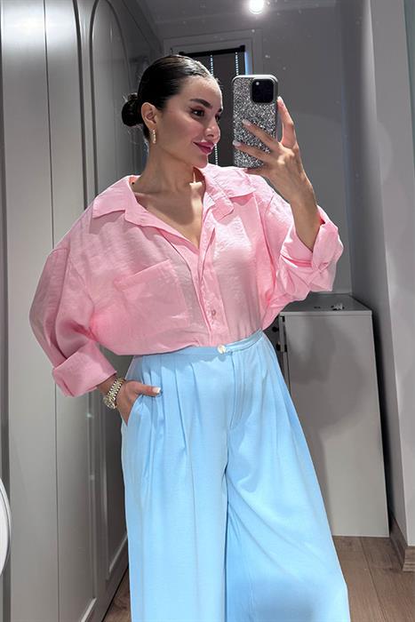  Anika Tensel Kumaş Oversize Gömlek-Pudra Pembe