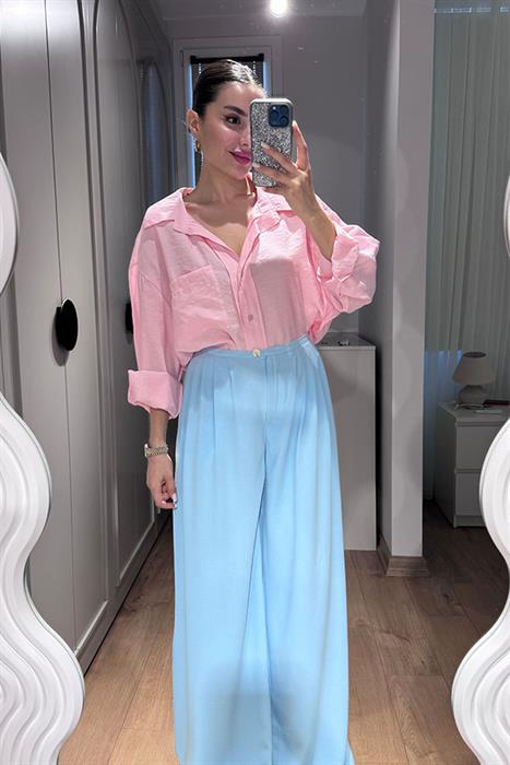  Anika Tensel Kumaş Oversize Gömlek-Pudra Pembe